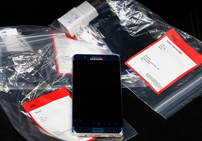 Several Samsung Galaxy Note 7's lay on a counter in plastic bags after they were returned to a Best Buy on September 15, 2016 in Orem, Utah.
