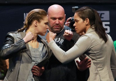 Ronda Rousey and UFC women's bantamweight champion Amanda Nunes face-off at the UFC 205 weigh-ins