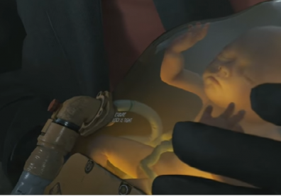 The two "Death Stranding" trailers focus around the theme of life and death, which is represented by the image of the dead newboard and the live fetus.