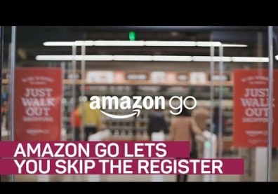 'Amazon Go Grocery Store' ending long queues in supermarket using technology. 